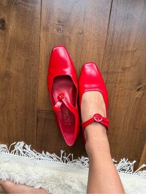 Red Mary Jane Flats with Button Strap